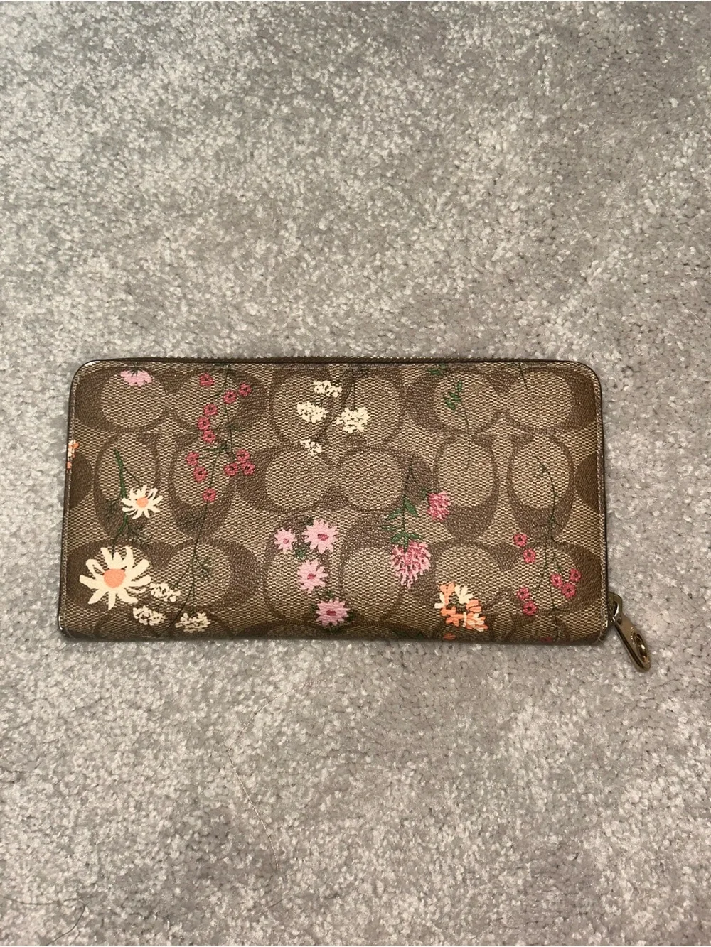 Coach Brown Signature Floral Zip Wallet with Gold Logo